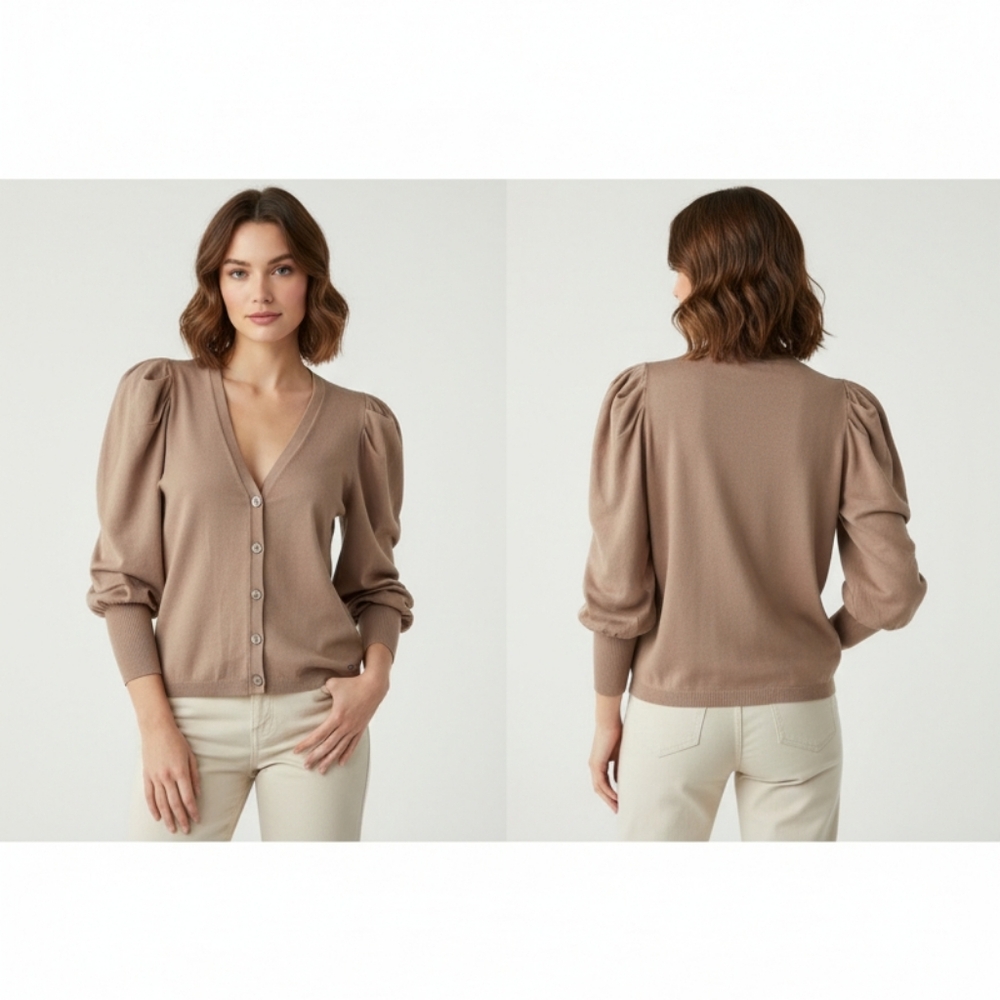 T Tahari Taupe V-Neck Button-Up Blouse